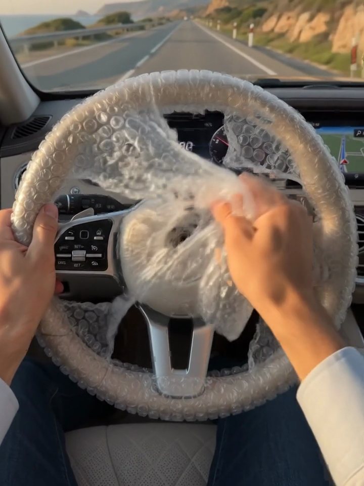 Mercedes steering wheel wrapped in bubble wrap on a Mediterranean cliff road